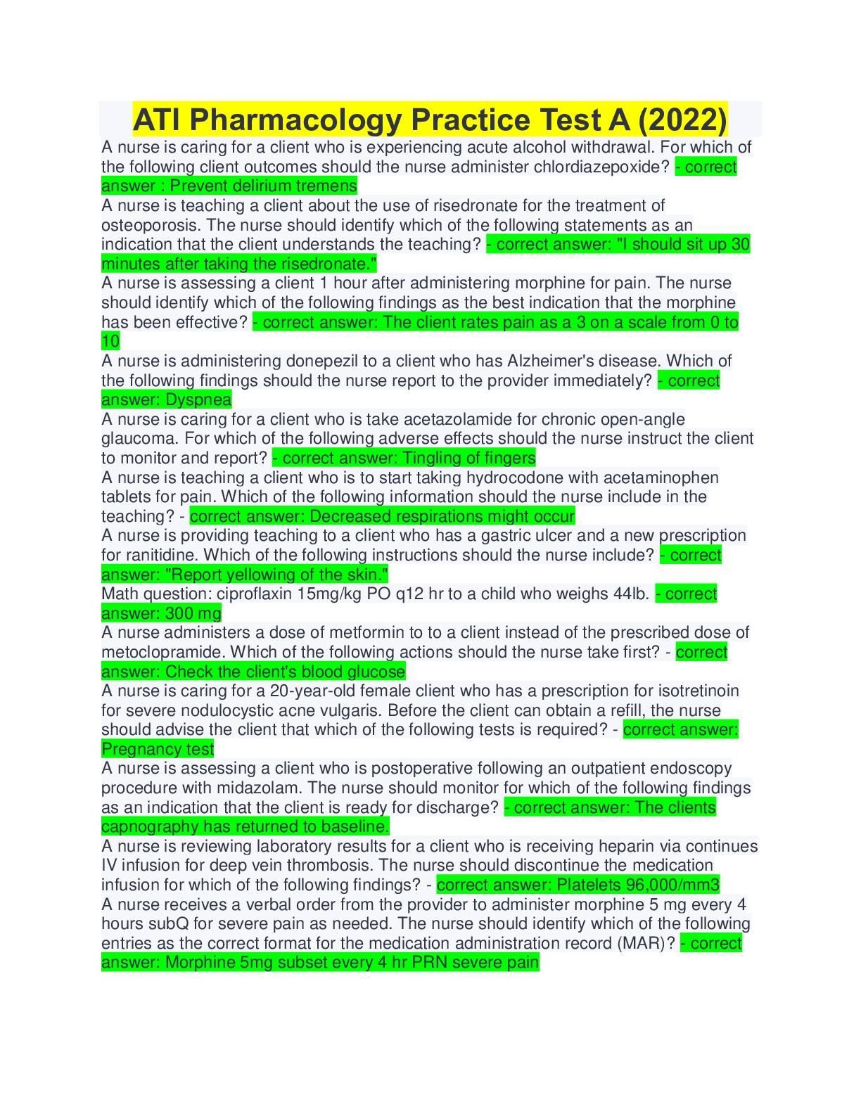 Preview image for ATI Pharmacology Practice Test A